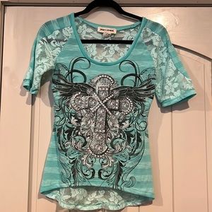 Cowgirls & Diamonds top with cross and lace back, gently used condition.